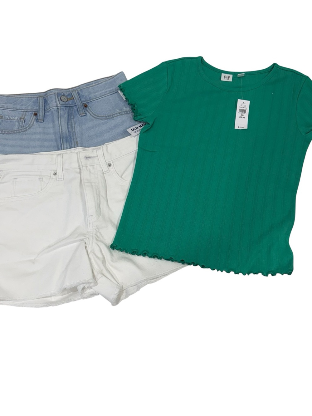 Old Navy White and Light Blue Denim Girls Shorts with Green Top size 14